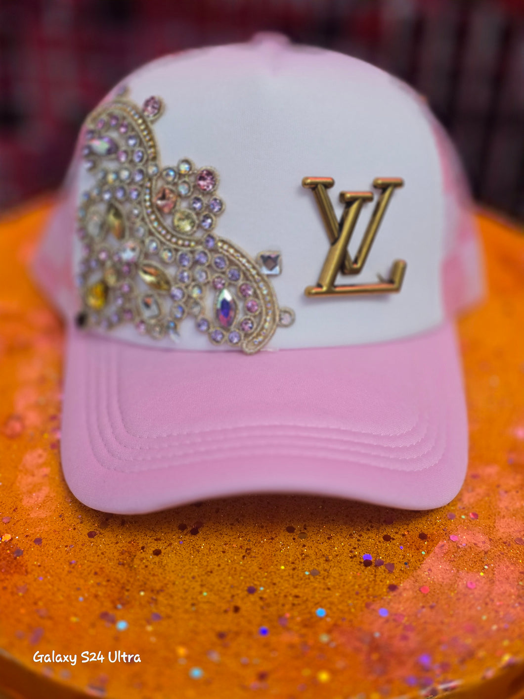 Pink checkered LV hat
